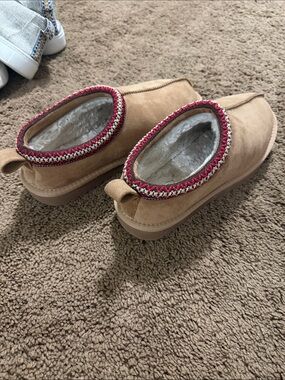 Maurices Tan Suede-Look Slip-Ons with Red Trim